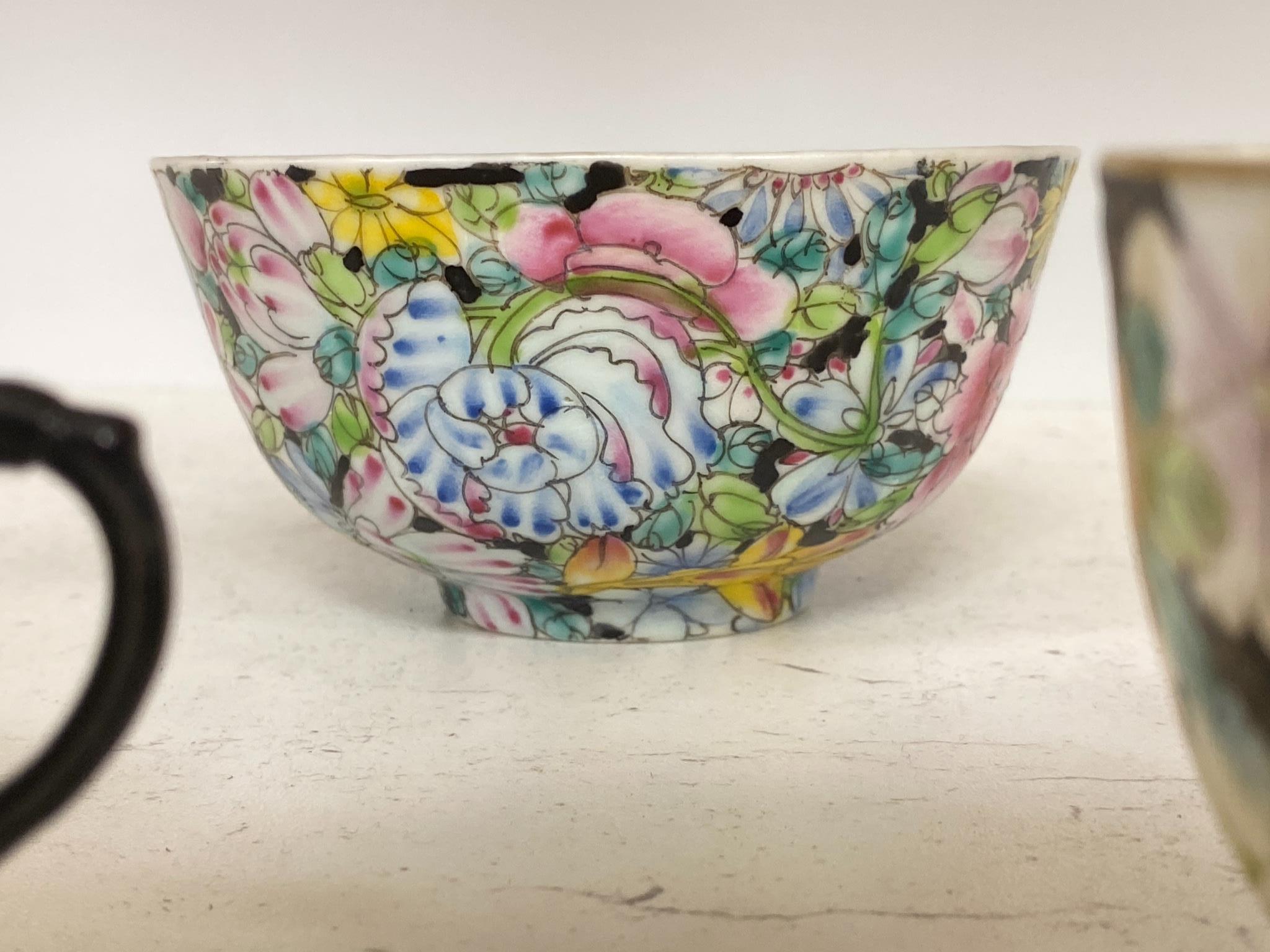 Five Chinese Millefleur cups and a bowl, Guangxu marks, early 20th century, diameter 12cm